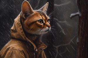 , abyssinian cat adventurer in winter forets. Oil Painting of cute pet, animal wear clothes. photo