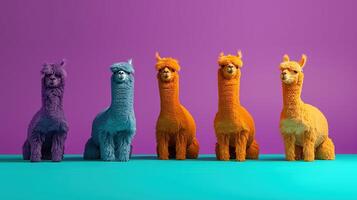 generativo ai, grupo de positivo diferente colores de alpacas o llamas, gracioso animales individualidad, independencia, pensar diferente, creativo idea, diversidad y inclusivo concepto. foto