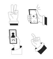 Millennials, gen z hands bw vector spot illustration set. Holding phone 2D cartoon flat line monochromatic first view hands on white for web UI design. Editable isolated outline hero image pack