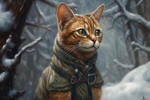 Generative AI, abyssinian cat adventurer in winter forets. Oil Painting of cute pet, animal wear clothes. photo