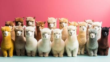 , Group of positive different colors of alpacas or lamas, funny animals. Individuality, independence, think different, creative idea, diversity and inclusive concept. photo