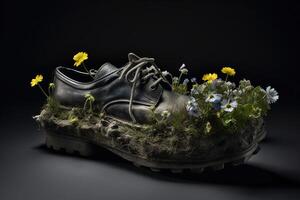 , Old boot with meadow spring flowers, handmade shoe planter. Environmental activism concept photo