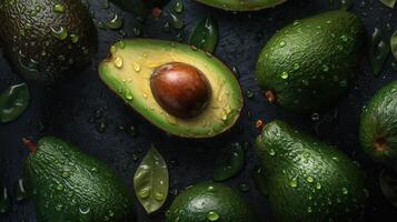 generativo ai, macro Fresco jugoso medio y todo de verde aguacate Fruta antecedentes como modelo. de cerca foto con gotas de agua