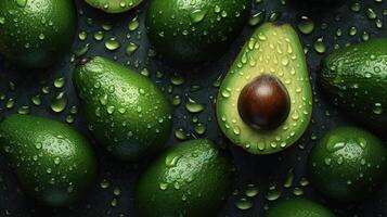 , Macro Fresh Juicy half and whole of green avocado fruit background as pattern. Closeup photo with drops of water