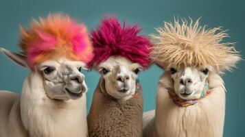 , Group of positive different colors of alpacas or lamas, funny animals. Individuality, independence, think different, creative idea, diversity and inclusive concept. photo