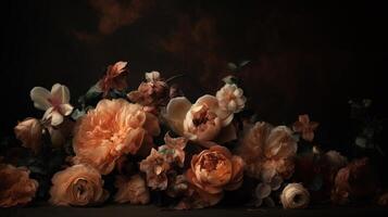 , Close up of blooming flowerbeds of amazing apricot orange color flowers on dark moody floral textured background. Photorealistic effect.. photo