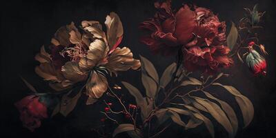 , Close up of blooming flowerbeds of amazing red color flowers on dark moody floral textured background. Photorealistic effect.. photo
