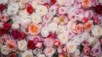 , flowers wall background with white and light pink fresh roses, pastel and soft bouquet floral card photo