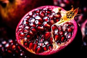 , Macro Fresh Juicy half of pomegranate fruit background. Closeup photo