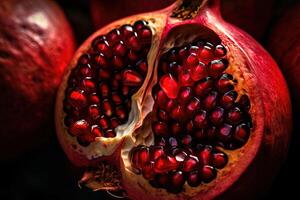 , Macro Fresh Juicy half of pomegranate fruit background. Closeup photo