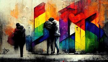 , Rainbow LGBT pride flag colors as graffiti on the wall, street art. Ink colorful graffiti art on a textured paper vintage background photo