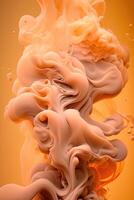 , Flowing light apricot crush smoke with splashes. Soft fluid banner, spring female mood, 3D effect, modern macro realistic abstract vertical background, ink in water effect.. photo