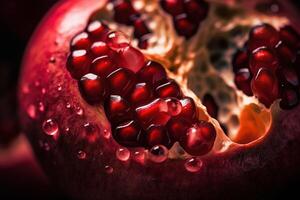 , Macro Fresh Juicy half of pomegranate fruit background. Closeup photo