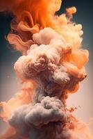 , Flowing light apricot crush smoke with splashes. Soft fluid banner, spring female mood, 3D effect, modern macro realistic abstract vertical background, ink in water effect.. photo