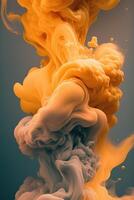 , Flowing light apricot crush smoke with splashes. Soft fluid banner, spring female mood, 3D effect, modern macro realistic abstract vertical background, ink in water effect.. photo