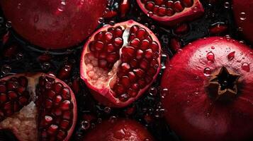 , Macro Fresh Juicy half and whole of pomegranate fruit background as pattern. Closeup photo with drops of water