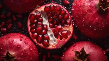 , Macro Fresh Juicy half and whole of pomegranate fruit background as pattern. Closeup photo with drops of water