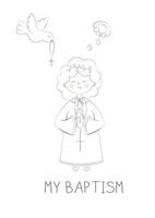 A Cute Girl Holds a Prayer Candle Invitation Card for Baptism Day Baptized and Blessed Simple Doodle Vector Illustration