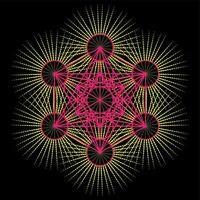 Metatron's Cube, colorful Flower of Life. Sacred geometry on radiant sun, graphic element Vector isolated Illustration. Mystic icon platonic solids, abstract geometric drawing, typical crop circles