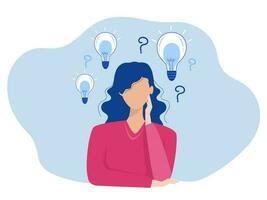 woman thinking with question mark and light bulb doubts his choice about Creativity,Problem solving thoughtful pose concept  design illustration vector