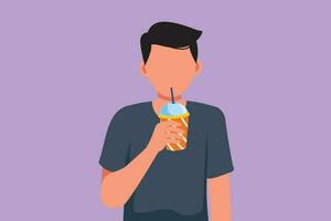Cartoon flat style drawing portrait of man holding plastic cup and drink orange juice in hot summers. Busy time at office hour. Healthy male feels thirsty at work. Graphic design vector illustration
