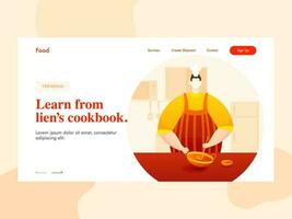Chef character holding cookware with ladle on kitchen view for Learn from lien's cookbook landing page design. vector