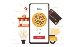 comida en línea orden teléfono inteligente Pizza comida a domicilio entrega concepto para bandera, sitio web diseño o aterrizaje web página. vector