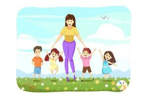 Woman standing with kids, teaching, education, recreation concept vector