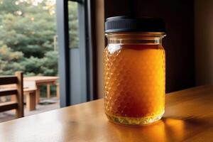 miel en un vaso tarro en un de madera antecedentes. selectivo enfocar. sano comida concepto. generativo ai foto