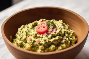 cuenco de guacamole con tomate y perejil.tortilla papas fritas. generativo ai foto