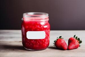 Strawberry jam in a glass jar with fresh strawberries, closeup. Healthy food concept. photo
