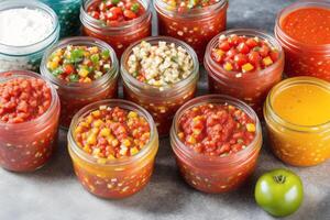 Homemade salsa. Bowls with salsa and nachos on grey background .tortilla chips. photo