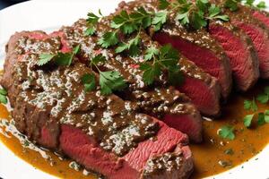 Sliced roast beef with sauce and herbs on a black plate. Beef Steak. Beef tenderloin with mushrooms and rosemary. photo