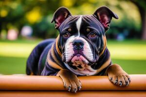 Portrait of a beautiful dog breed English Bulldog. A beautiful American Bulldog dog in the park. photo