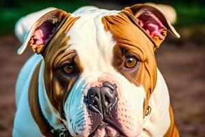 Portrait of a beautiful dog breed English Bulldog. A beautiful American Bulldog dog in the park. photo