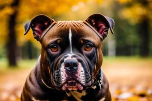 Portrait of a beautiful dog breed American Pit Bull Terrier in the park. American PitBull. photo