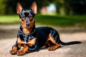 Miniature pinscher sitting on the ground in the park. photo