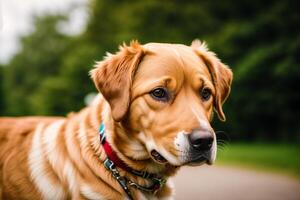 Portrait of a cute mixed breed dog lying on the grass in the park. photo