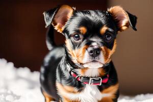 Funny English Toy Terrier dog in the autumn park. Black and brown color. photo