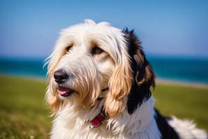 Portrait of a beautiful dog in the autumn park. Selective focus. photo