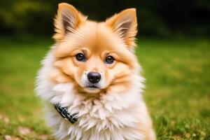 linda alemán perro de Pomerania. retrato de un hermosa alemán perro de Pomerania perro jugando en el parque. generativo ai foto
