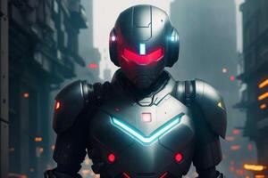 Close up of a robot standing on the background of a futuristic city. Humanoid. Digital art, Fantasy art, Anime, photo