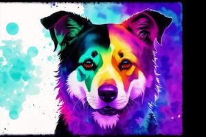 Illustration of a dog with colorful ink painting on grunge background. Digital art, photo