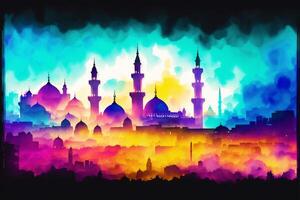 Silhouette of mosque on colorful background. Ramadan Kareem. Abstract colorful background. Watercolor paint. Digital art, photo