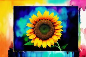 Sunflower on a multicolored background with a place for text. Watercolor paint. Digital art, photo