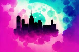 Abstract colorful watercolor background with skyscrapers. beautiful silhouette of the city. Digital art, photo