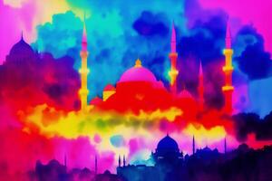Silhouette of mosque on colorful background. Ramadan Kareem. Abstract colorful background. Watercolor paint. Digital art, photo