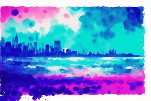 Abstract colorful watercolor background with skyscrapers. beautiful silhouette of the city. Digital art, photo