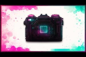 Digital camera with colorful watercolor splashes. Abstract colorful background. Watercolor paint. Digital art, photo