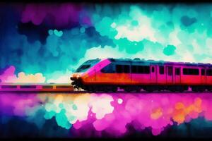 Modern high-speed train on the background of the city. Watercolor paint. Digital art, photo